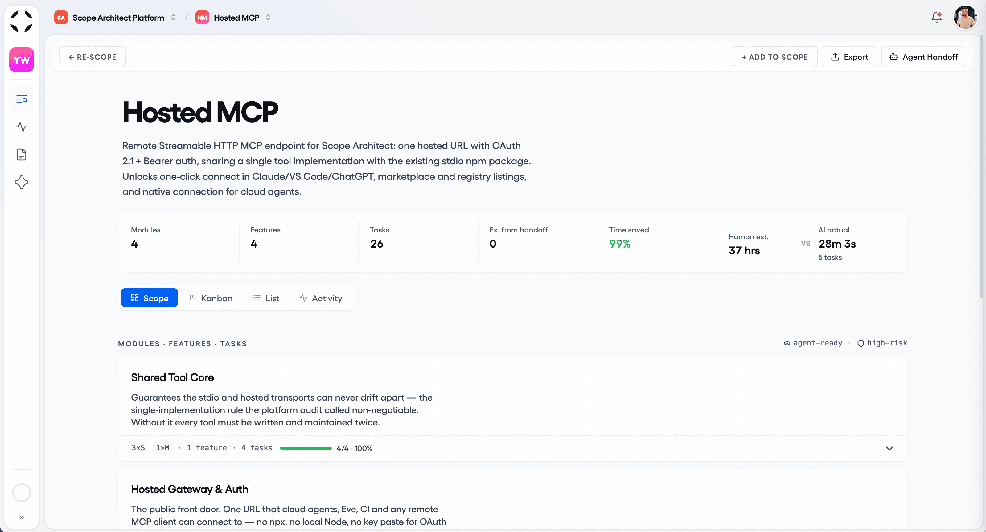 A team's project in Scope Architect with modules, features, and tasks tracked together