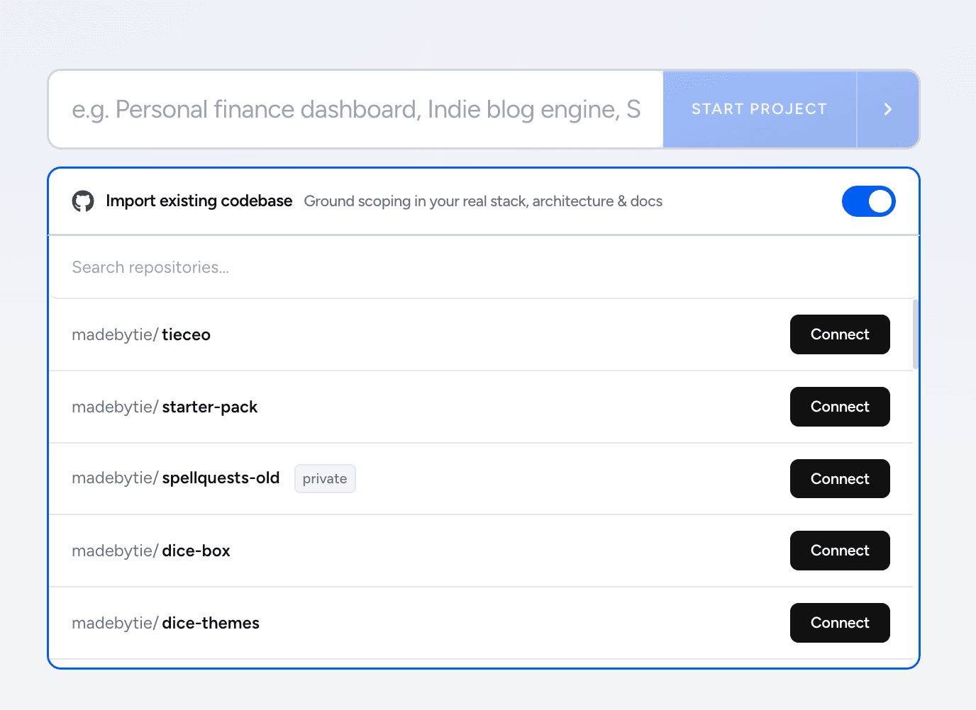 Importing a GitHub repository so the scope is planned against the real codebase