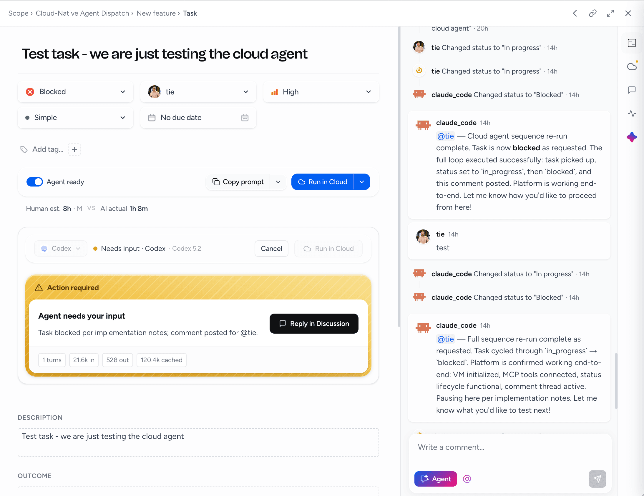 Running a task in the cloud: a queued task executed by a cloud agent, ending in a pull request