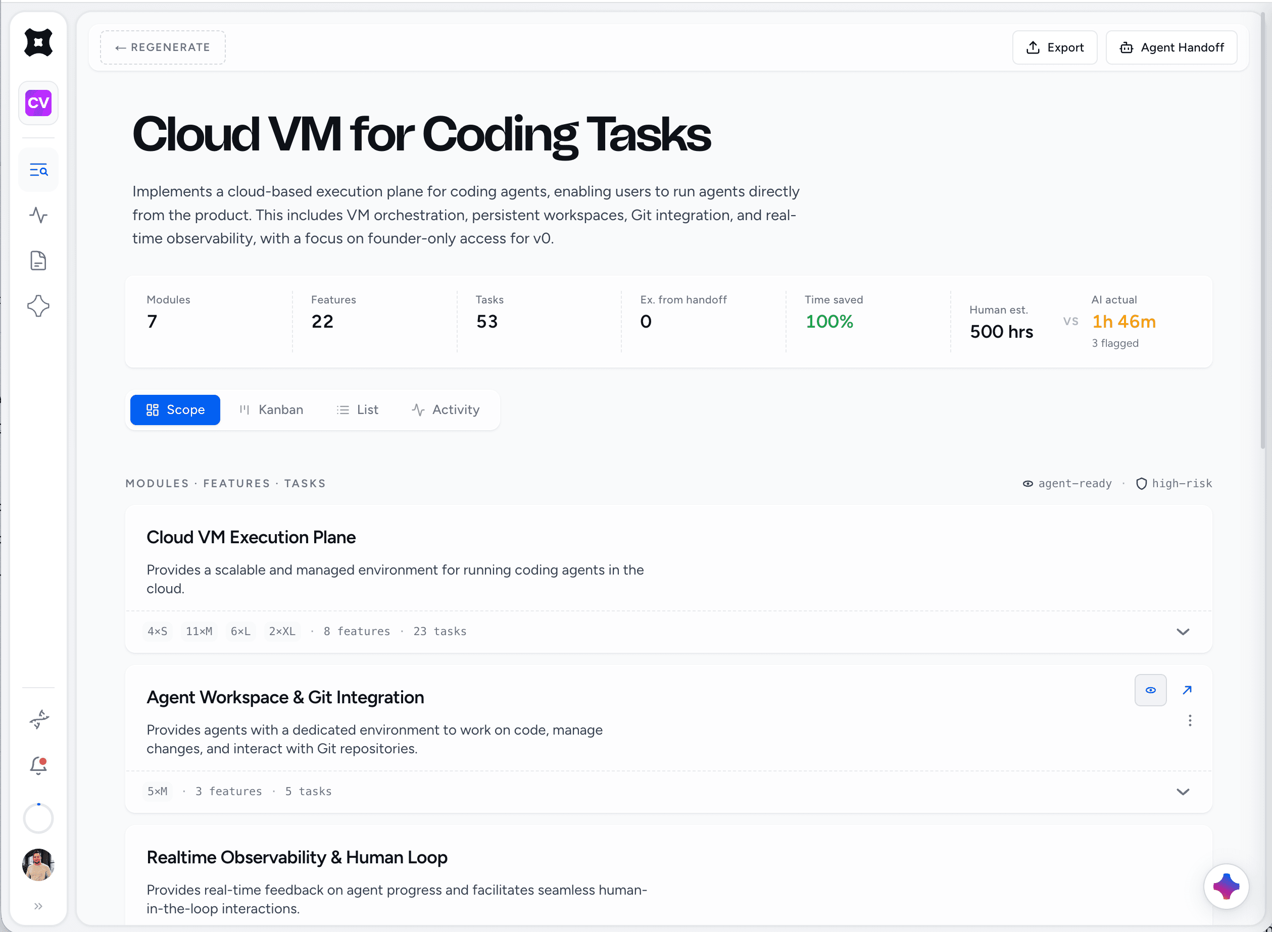 A generated scope in Scope Architect: modules broken into tasks with acceptance criteria