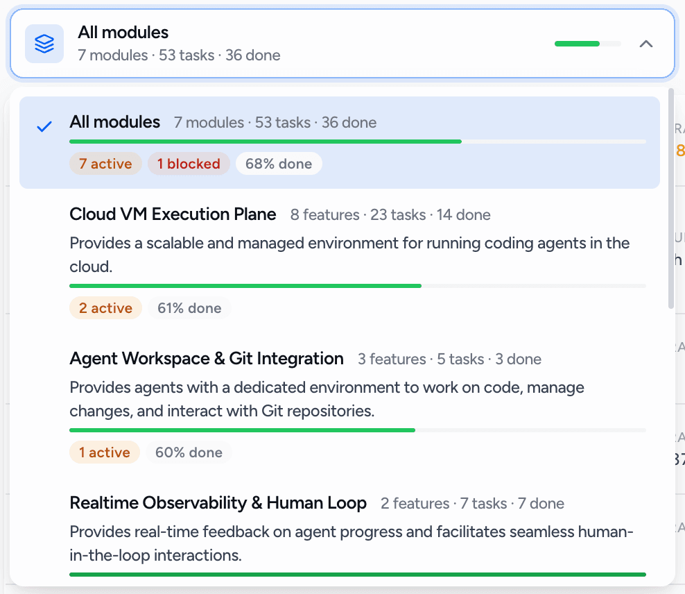 Modules and tasks tracked live, with an agent waiting on a comment reply