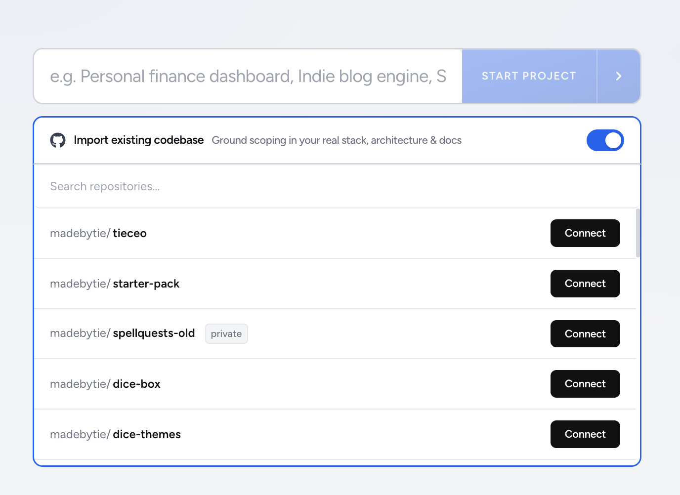 Importing a GitHub repository so the scope is planned against the real codebase