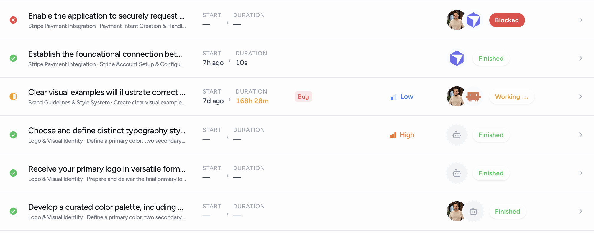 Live Workspace: the task list with statuses, owners, agents, and durations across the whole project